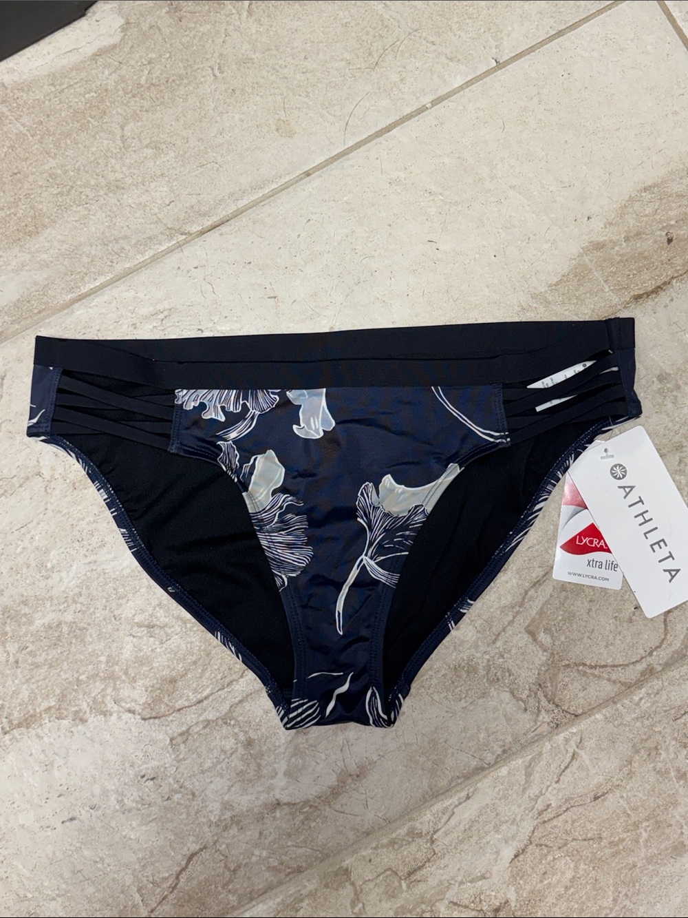 Athleta Navy Floral Strappy Bikini Bottom